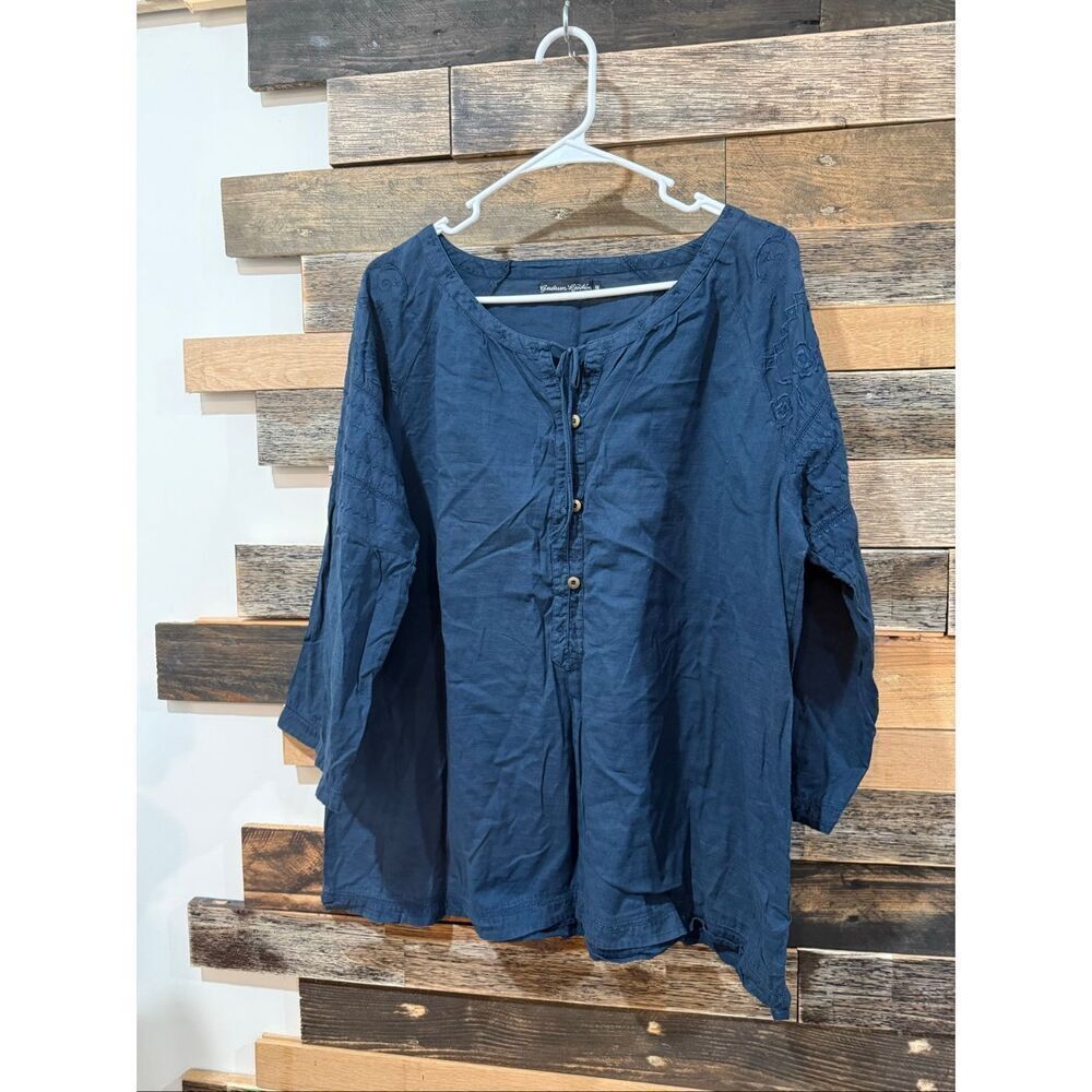 Gudrun Sjödén women's blue embroidered blouse top boho lagenlook size Medium